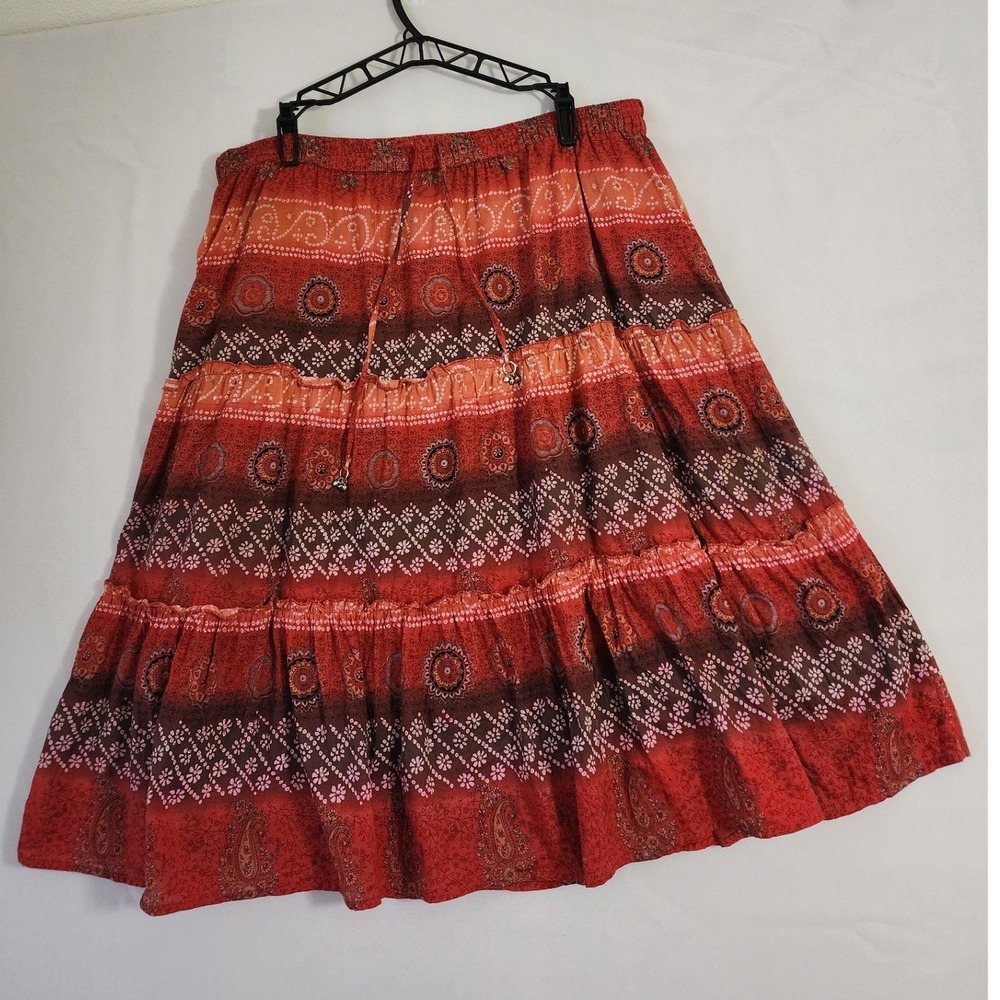 Mirror Image Womens 2X Red Orange Cotton Tiered Boho Maxi Skirt Bell Drawstring